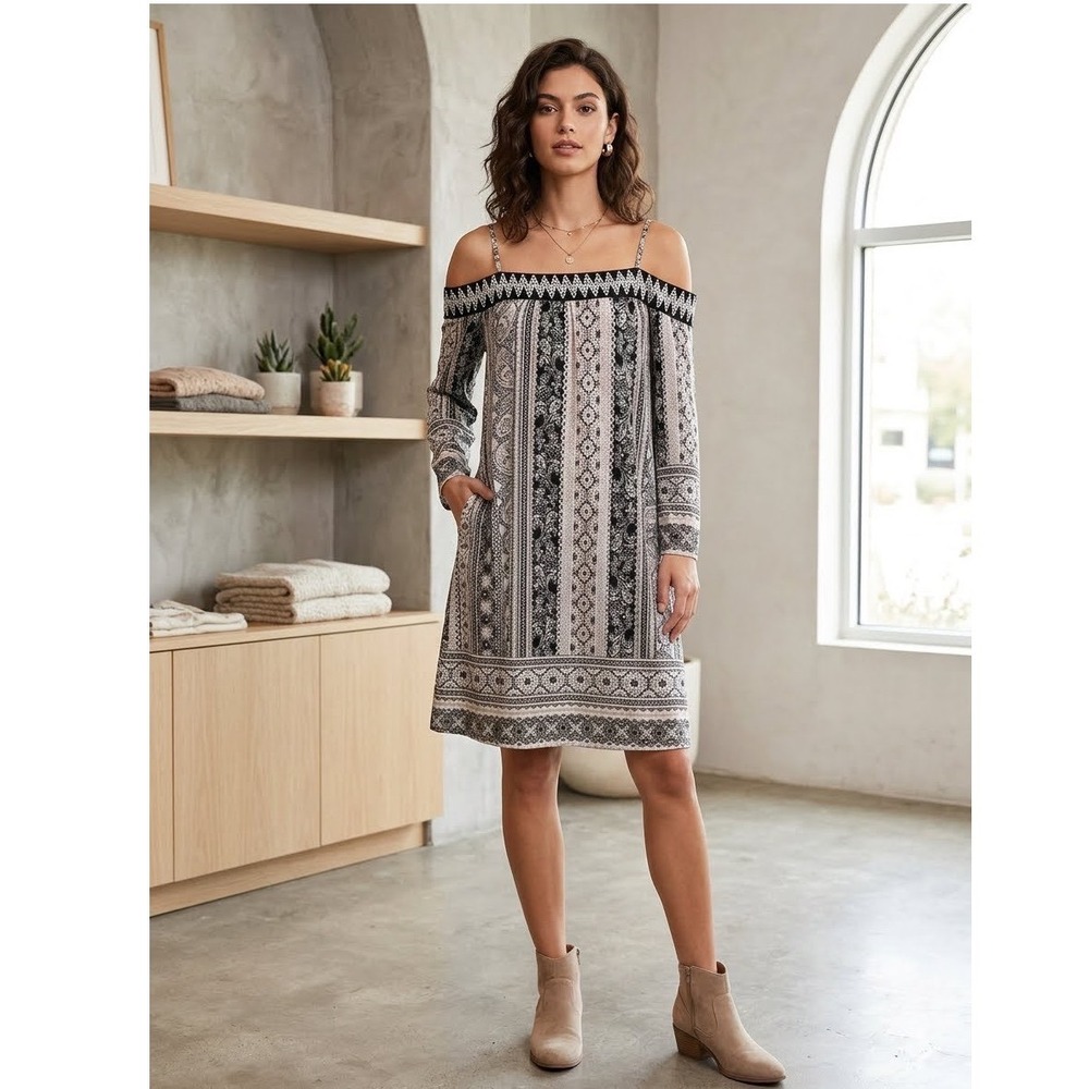 Three Pink Hearts Cold Shoulder Paisley Shift Dress Black Tan Small Pocket